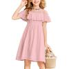 Arshiner Girls Summer Floral Ruffle Sundress Cold Shoulder Casual Holiday Dresses(Pink)