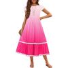 Arshiner Girls Summer Maxi Dresses Short Sleeve Casual Flowy Tiered Dress with Pockets for 4-14 Years(Rose Red Gradient)