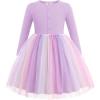 Arshiner Toddler Girls Tutu Dress Long Sleeve Fall Winter Button Front Party Tulle Dresses 2-8Y(Rainbow Purple)