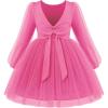 Arshiner Toddler Girls V Back Tutu Dress Tulle Puff Long Sleeve Wedding Birthday Party Fall Toddlers Dresses(Hot Pink)