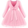 Arshiner Toddler Girls V Back Tutu Dress Tulle Puff Long Sleeve Wedding Birthday Party Fall Toddlers Dresses(Pink)