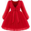 Arshiner Toddler Girls V Back Tutu Dress Tulle Puff Long Sleeve Wedding Birthday Party Fall Toddlers Dresses(Red)