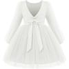 Arshiner Toddler Girls V Back Tutu Dress Tulle Puff Long Sleeve Wedding Birthday Party Fall Toddlers Dresses(White)