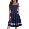 Arshiner Tween Girls Dress Formal Contrast Mesh Short Sleeve A Line Party Dresses with Pockets for 5-12 Years(Navy Blue)