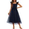 Arshiner Tween Girls Dress Ruffle Sleeve Elastic Straps Smocked A-Line Tulle Summer Long Patry Birthday Sundress(Navy Blue)
