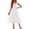 Arshiner Tween Girls Dress Ruffle Sleeve Elastic Straps Smocked A-Line Tulle Summer Long Patry Birthday Sundress(White)
