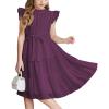 Arshiner Tween Girls Summer Dress Formal Ruffle Sleeve A Line Casual Elegant Dresses with Belt(Dark Purple)