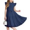 Arshiner Tween Girls Summer Dress Formal Ruffle Sleeve A Line Casual Elegant Dresses with Belt(Navy Blue)