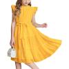 Arshiner Tween Girls Summer Dress Formal Ruffle Sleeve A Line Casual Elegant Dresses with Belt(Yellow)