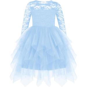 Arshiner Flower Girl Dress Toddler Contrast Lace Tutu Irregular Tulle Wedding Birthday Party Dresses(Blue)