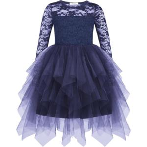 Arshiner Flower Girl Dress Toddler Contrast Lace Tutu Irregular Tulle Wedding Birthday Party Dresses(Navy Blue)