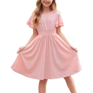 Arshiner Girl’s Casual Dress Summer Scoop Neck Short Sleeve Flowy Print and Plain Sundress for Kids 4-14Y(0-pink)
