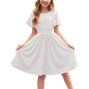 Arshiner Girl’s Casual Dress Summer Scoop Neck Short Sleeve Flowy Print and Plain Sundress for Kids 4-14Y(0-white)
