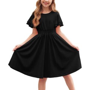 Arshiner Girl’s Casual Dress Summer Scoop Neck Short Sleeve Flowy Print and Plain Sundress for Kids 4-14Y(Black)