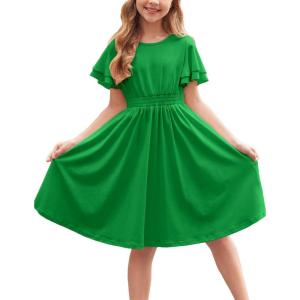 Arshiner Girl’s Casual Dress Summer Scoop Neck Short Sleeve Flowy Print and Plain Sundress for Kids 4-14Y(Green)