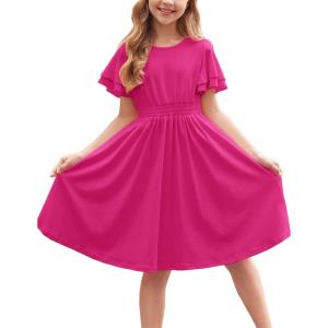 Arshiner Girl’s Casual Dress Summer Scoop Neck Short Sleeve Flowy Print and Plain Sundress for Kids 4-14Y(Hot Pink)