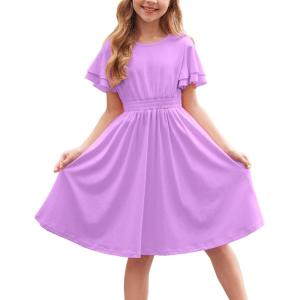Arshiner Girl’s Casual Dress Summer Scoop Neck Short Sleeve Flowy Print and Plain Sundress for Kids 4-14Y(Lavender)