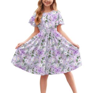 Arshiner Girl’s Casual Dress Summer Scoop Neck Short Sleeve Flowy Print and Plain Sundress for Kids 4-14Y(Lilac Butterfly Daisy)