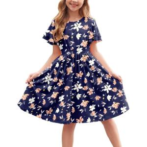 Arshiner Girl’s Casual Dress Summer Scoop Neck Short Sleeve Flowy Print and Plain Sundress for Kids 4-14Y(Navy Floral)