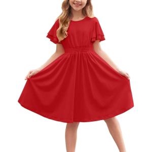 Arshiner Girl’s Casual Dress Summer Scoop Neck Short Sleeve Flowy Print and Plain Sundress for Kids 4-14Y(Red)