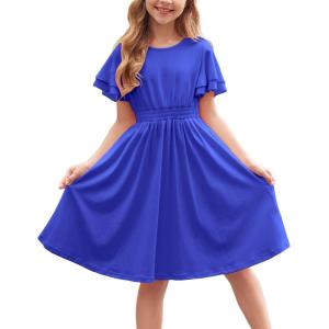 Arshiner Girl’s Casual Dress Summer Scoop Neck Short Sleeve Flowy Print and Plain Sundress for Kids 4-14Y(Royal Blue)