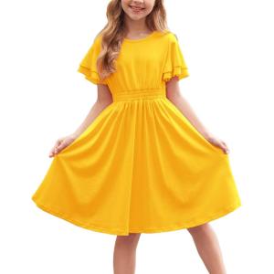 Arshiner Girl’s Casual Dress Summer Scoop Neck Short Sleeve Flowy Print and Plain Sundress for Kids 4-14Y(Yellow)