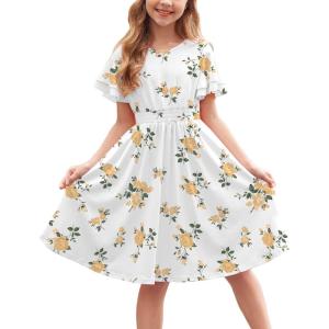 Arshiner Girl’s Casual Dress Summer Scoop Neck Short Sleeve Flowy Print and Plain Sundress for Kids 4-14Y(Yellow Floral)