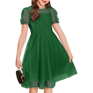 Arshiner Girls Dress Contrast Mesh Puffy Short Sleeve A Line Casual Party Dress 3-12 Years(Dark Green)