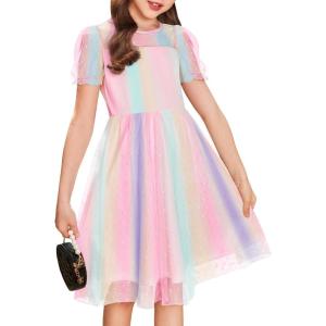 Arshiner Girls Dress Contrast Mesh Puffy Short Sleeve A Line Casual Party Dress 3-12 Years(Gradient)