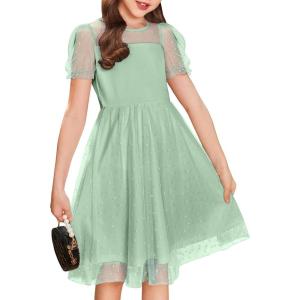 Arshiner Girls Dress Contrast Mesh Puffy Short Sleeve A Line Casual Party Dress 3-12 Years(Light Green)