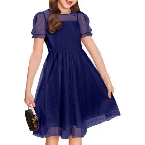 Arshiner Girls Dress Contrast Mesh Puffy Short Sleeve A Line Casual Party Dress 3-12 Years(Navy Blue)
