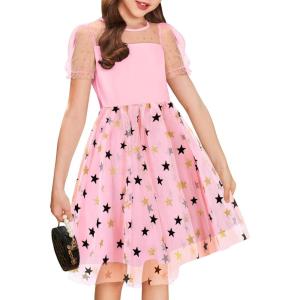 Arshiner Girls Dress Contrast Mesh Puffy Short Sleeve A Line Casual Party Dress 3-12 Years(Pink Star)