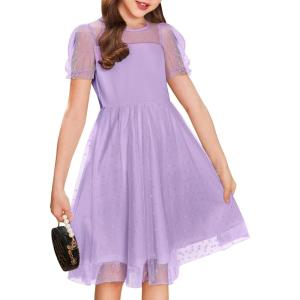 Arshiner Girls Dress Contrast Mesh Puffy Short Sleeve A Line Casual Party Dress 3-12 Years(Purple)