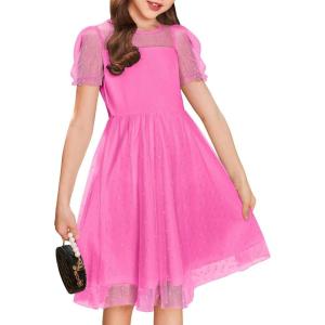 Arshiner Girls Dress Contrast Mesh Puffy Short Sleeve A Line Casual Party Dress 3-12 Years(Rose Red)