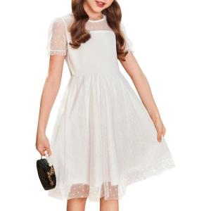 Arshiner Girls Dress Contrast Mesh Puffy Short Sleeve A Line Casual Party Dress 3-12 Years(White)