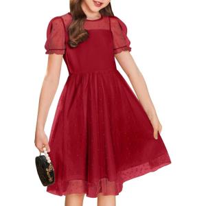 Arshiner Girls Dress Contrast Mesh Puffy Short Sleeve A Line Casual Party Dress 3-12 Years(Wine Red)