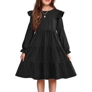 Arshiner Girls Dress Fall Ruffle Sleeve Tiered Flared Flowy Midi Dresses with Pockets(Long Sleeve – Black)