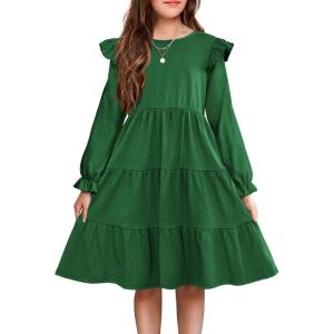 Arshiner Girls Dress Fall Ruffle Sleeve Tiered Flared Flowy Midi Dresses with Pockets(Long Sleeve – Dark Green)