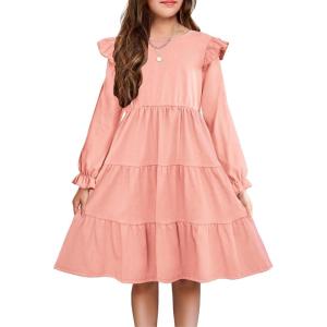 Arshiner Girls Dress Fall Ruffle Sleeve Tiered Flared Flowy Midi Dresses with Pockets(Long Sleeve – Pink)