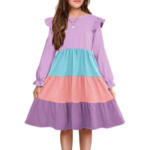 Arshiner Girls Dress Fall Ruffle Sleeve Tiered Flared Flowy Midi Dresses with Pockets(Long Sleeve – Purple & Blue & Pink)