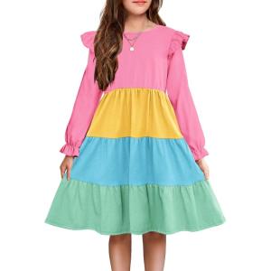 Arshiner Girls Dress Fall Ruffle Sleeve Tiered Flared Flowy Midi Dresses with Pockets(Long Sleeve – Rainbow Color)