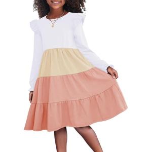 Arshiner Girls Dress Fall Ruffle Sleeve Tiered Flared Flowy Midi Dresses with Pockets(Long Sleeve – White & Pink)