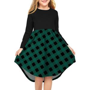 Arshiner Girls Dress Kids Holiday Casual Long Sleeve High Low Swing Midi Dresses(A Green Plaid-long Sleeve)