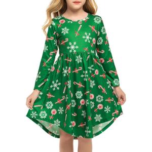 Arshiner Girls Dress Kids Holiday Casual Long Sleeve High Low Swing Midi Dresses(A Green/Christmas Tree)