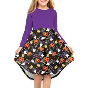 Arshiner Girls Dress Kids Holiday Casual Long Sleeve High Low Swing Midi Dresses(A Purple Halloween)