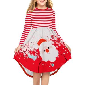 Arshiner Girls Dress Kids Holiday Casual Long Sleeve High Low Swing Midi Dresses(A Red Santa)
