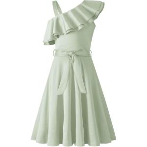 Arshiner Girls Dress One Shoulder Formal Ruffle Trim Birthday Party Dresses with Belted Pockets for 5-12 Years(Light Green)