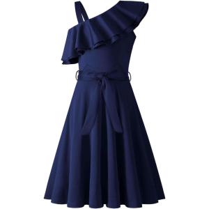 Arshiner Girls Dress One Shoulder Formal Ruffle Trim Birthday Party Dresses with Belted Pockets for 5-12 Years(Navy Blue)