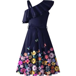 Arshiner Girls Dress One Shoulder Formal Ruffle Trim Birthday Party Dresses with Belted Pockets for 5-12 Years(Navy Blue+flower)
