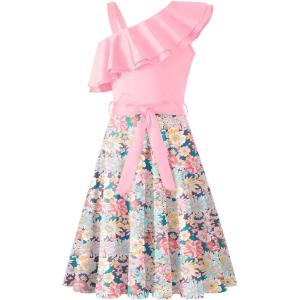 Arshiner Girls Dress One Shoulder Formal Ruffle Trim Birthday Party Dresses with Belted Pockets for 5-12 Years(Pink Flower)
